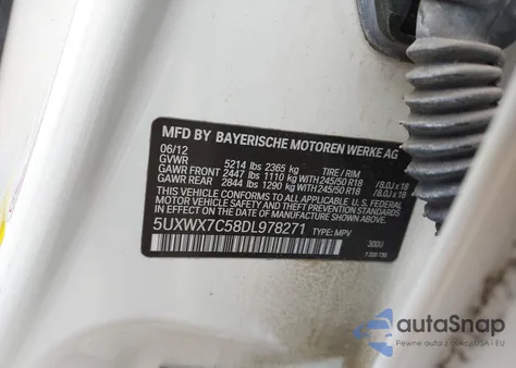 2013 BMW X3 xDrive35I из США, поврежденный, VIN 5UXWX7C58DL978271